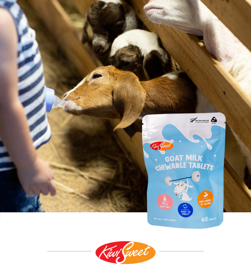Product image of KiwiSweet Goat Milk Chewable Tablets (Original) from KiwiCorp – natural goat milk supplement for kids and adults.