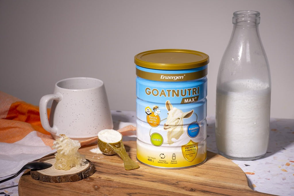 Product image of Goatnutri MAX+ Goat Milk Powder from KiwiCorp – enriched goat milk with Manuka Honey, Probiotics, and Lutein.