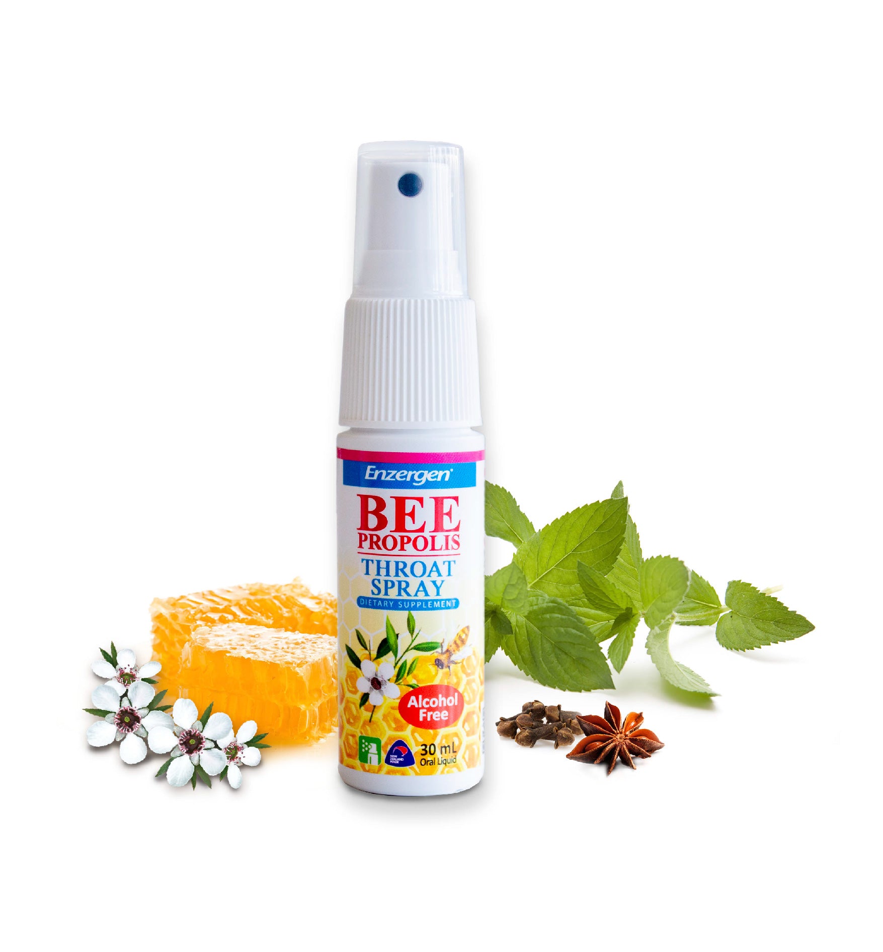 Product image of Bee Propolis Throat Spray (Alcohol-Free) from KiwiCorp – soothing oral spray for throat comfort.